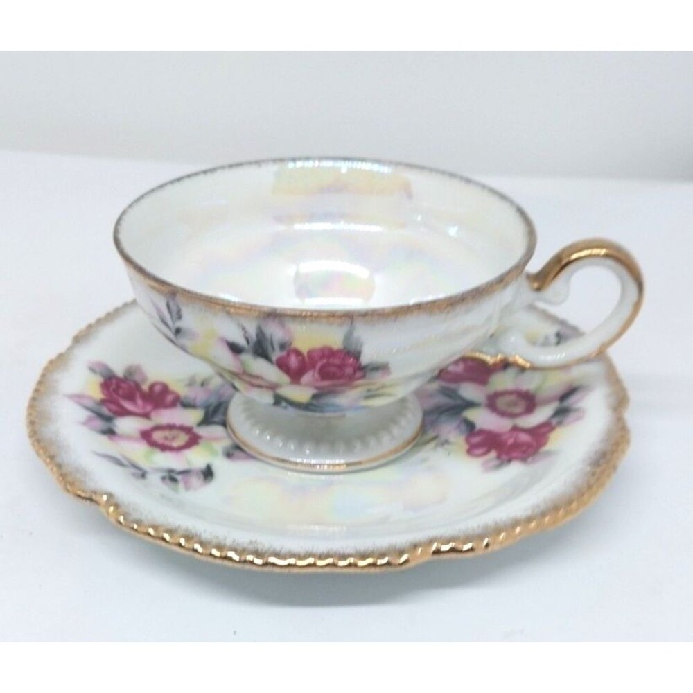 Vintage Lusterware Porcelain Teacup Rose Design Beautiful